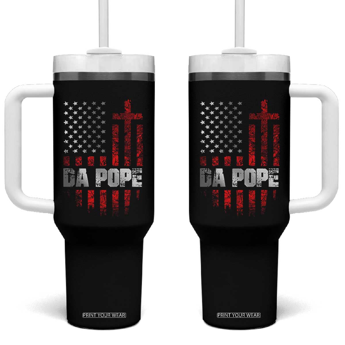 Da Pope Leo XIV Tumbler With Handle From America Chicago America US Flag TS10 One Size: 40 oz Black Print Your Wear