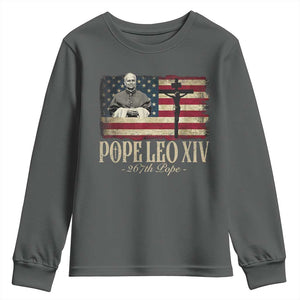 Da Pope Leo XIV Youth Sweatshirt From America Chicago USA Flag Cross TS10 Dark Heather Print Your Wear