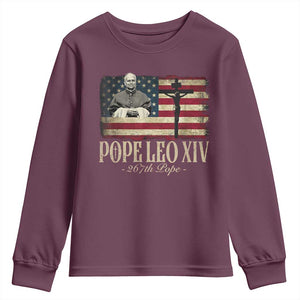Da Pope Leo XIV Youth Sweatshirt From America Chicago USA Flag Cross TS10 Maroon Print Your Wear