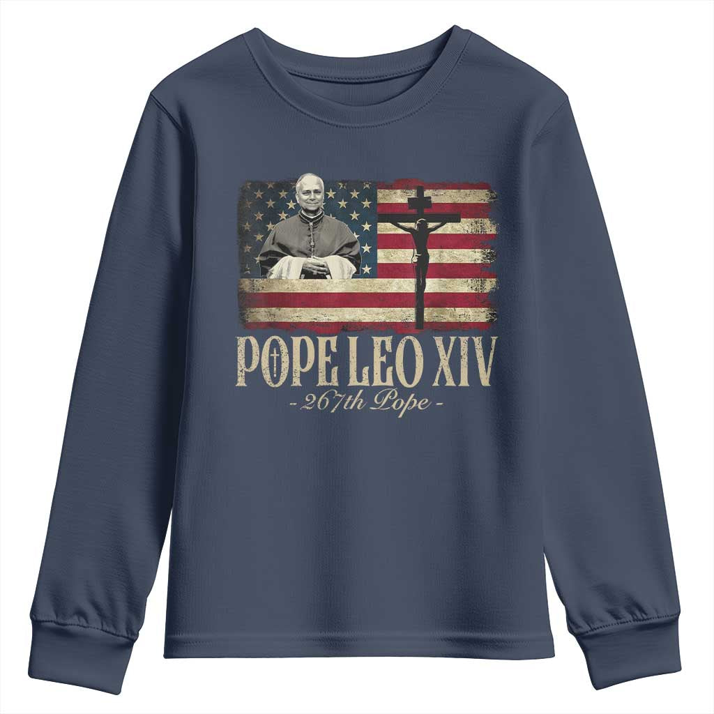 Da Pope Leo XIV Youth Sweatshirt From America Chicago USA Flag Cross TS10 Navy Print Your Wear
