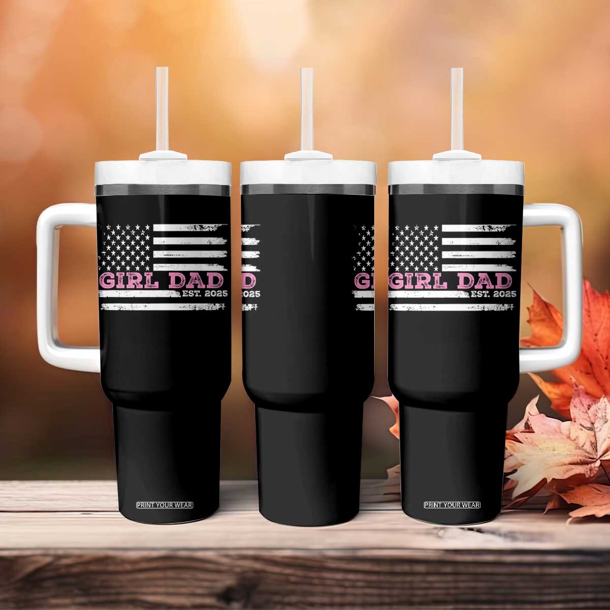 Dad Of Girl Est. 2025 Tumbler With Handle Father Girl To Be 2025 Daddy Fathers Day USA Flag TS10 Print Your Wear