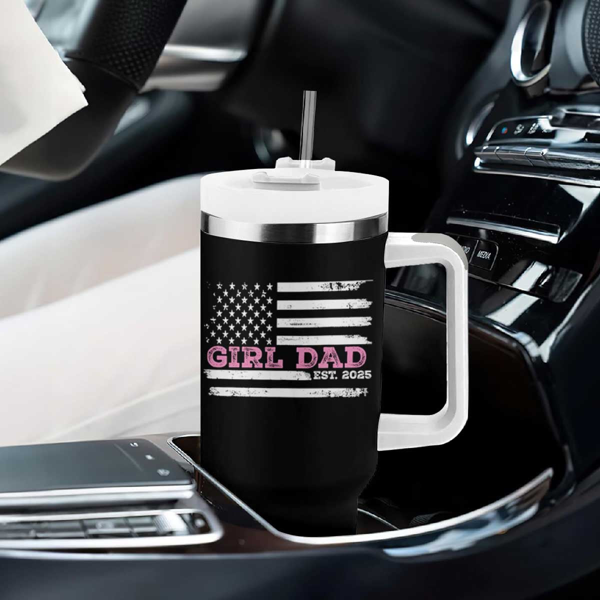 Dad Of Girl Est. 2025 Tumbler With Handle Father Girl To Be 2025 Daddy Fathers Day USA Flag TS10 Print Your Wear