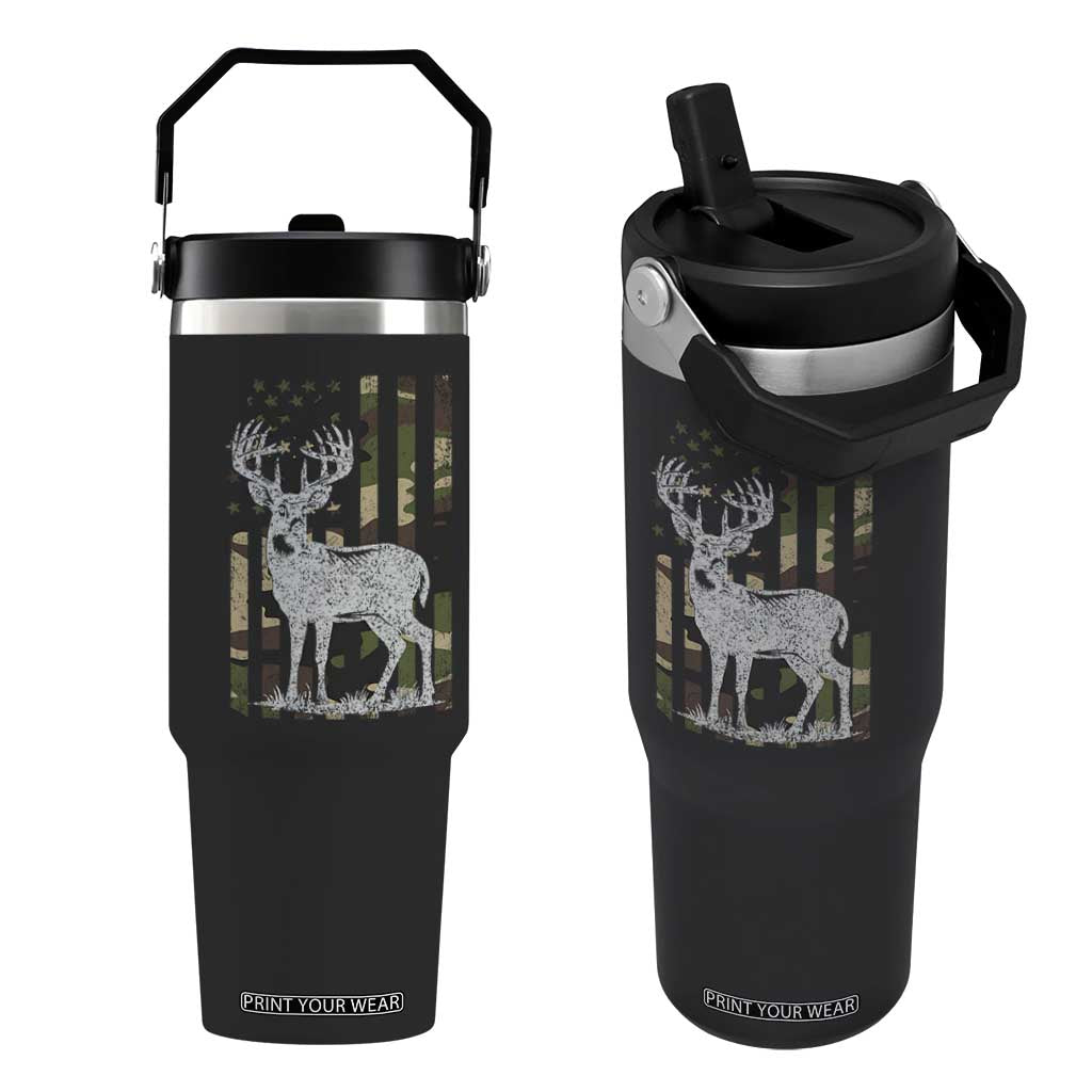 Deer Hunting American Camouflage Flag Flip Straw Tumbler TS10 One Size: 30 oz Black Print Your Wear