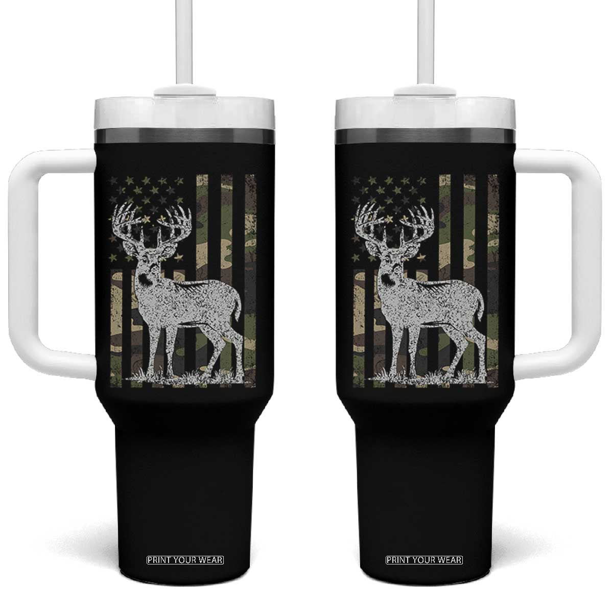Deer Hunting American Camouflage Flag Tumbler With Handle TS10 One Size: 40 oz Black Print Your Wear