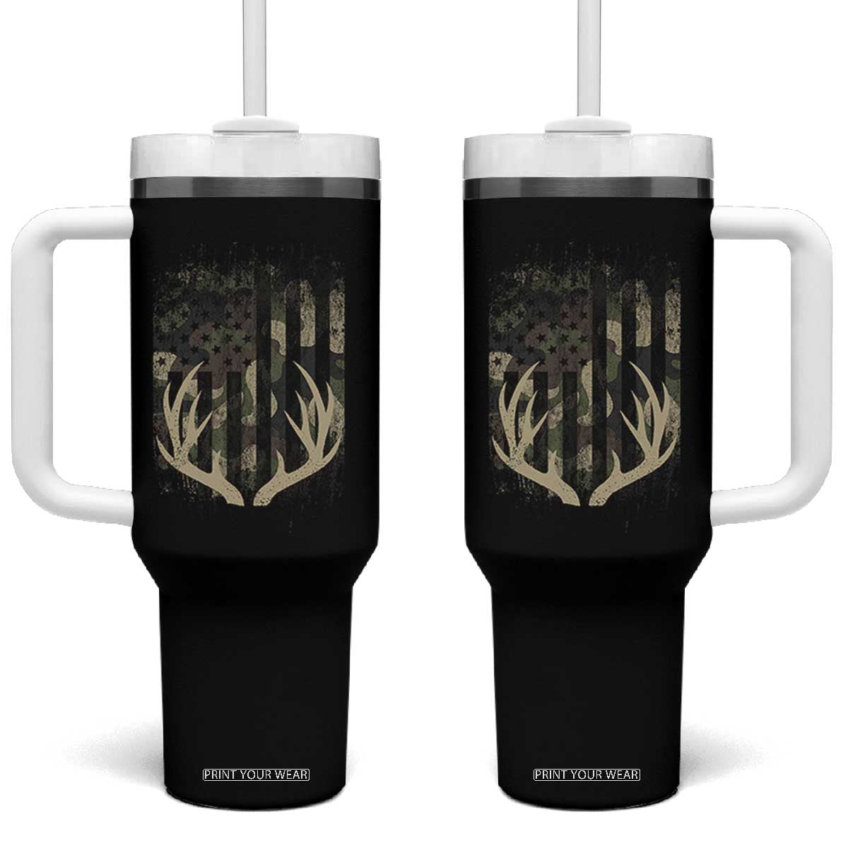 Deer Hunting American Flag Tumbler With Handle TS10 One Size: 40 oz Black Print Your Wear