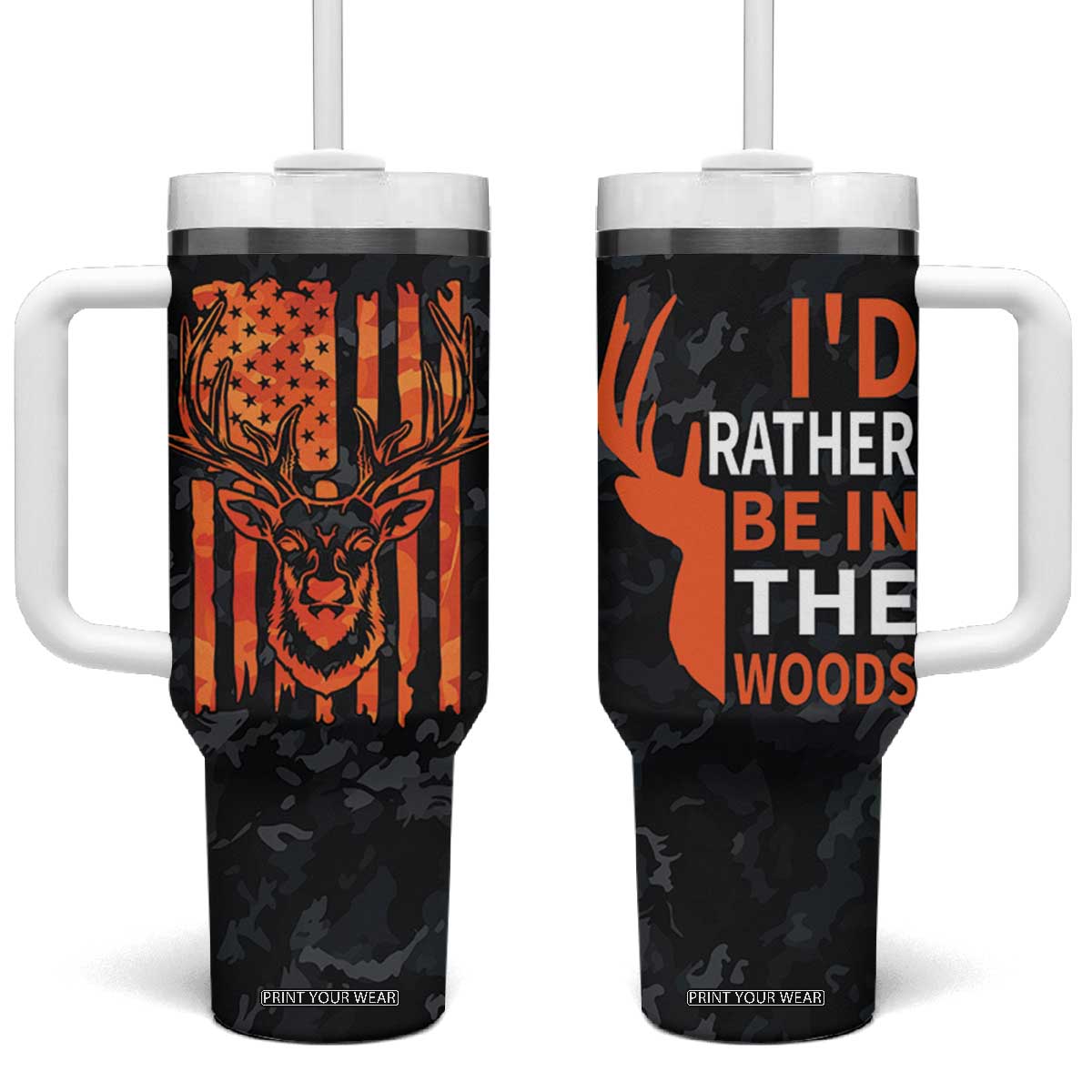 Deer Hunting Tumbler With Handle I'd Rather Be In the Woods Camo American Flag TB10 One Size: 40 oz Camouflage Print Your Wear