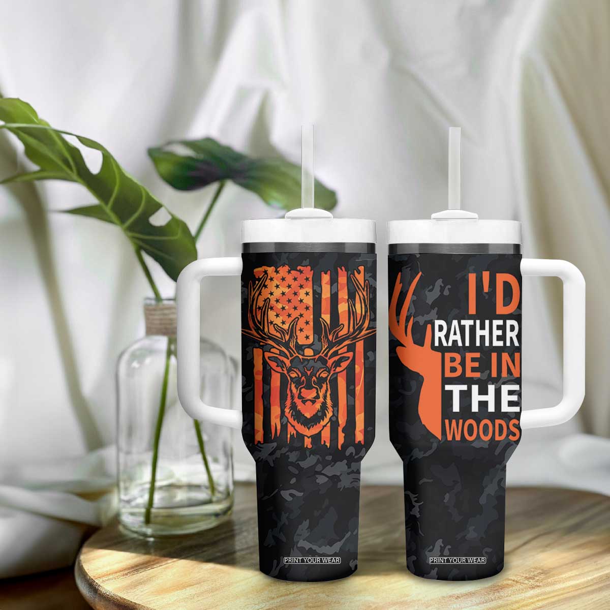 Deer Hunting Tumbler With Handle I'd Rather Be In the Woods Camo American Flag TB10 Print Your Wear