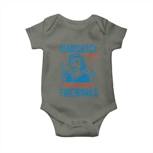 Democracy Is Dying But Hey Nice Fireworks Baby Onesie Funny Retro 4th of July Political Humor TS02 Military Green Print Your Wear