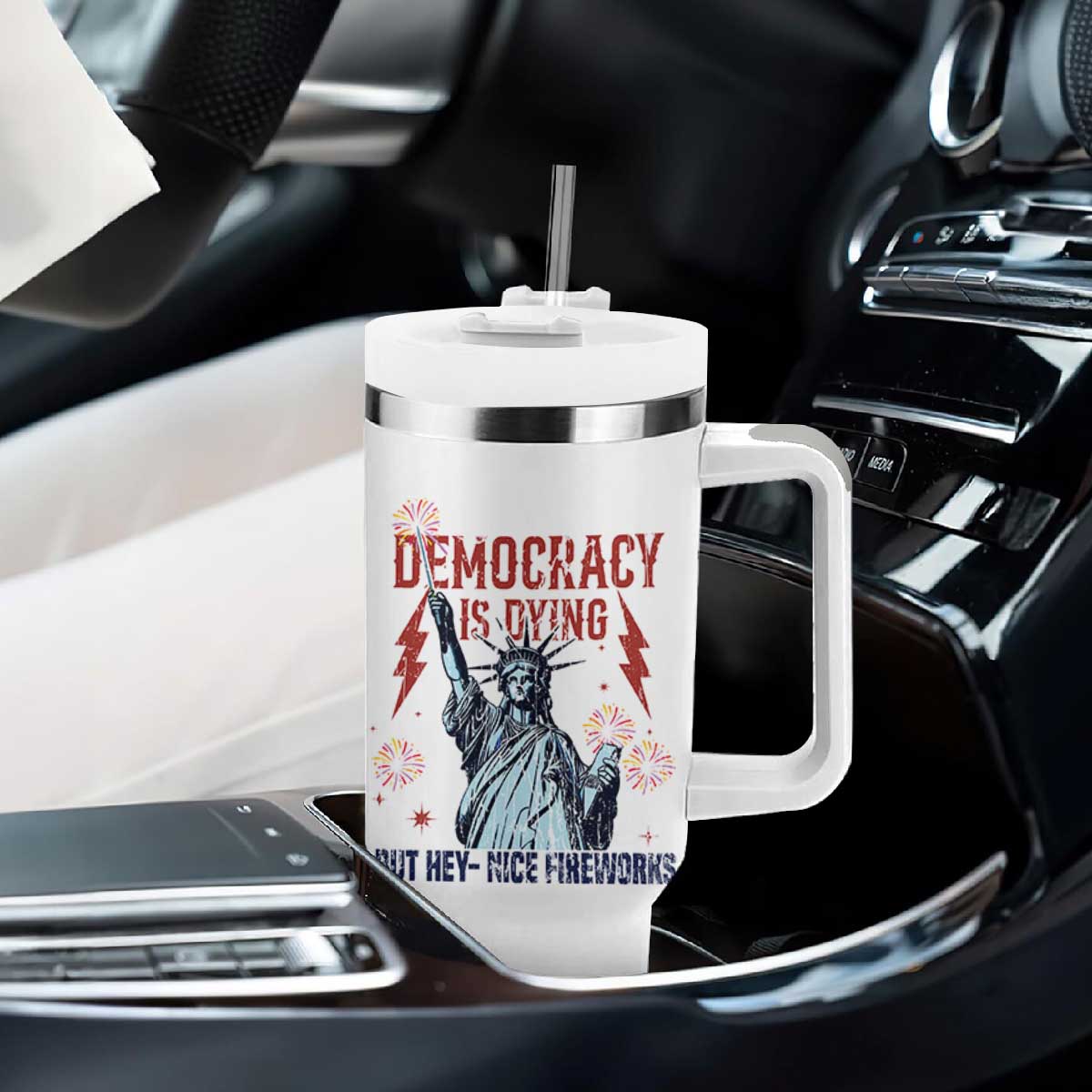 Democracy Is Dying But Hey Nice Fireworks Statue of Liberty Tumbler With Handle Funny 4th Of July Retro TS02 Print Your Wear