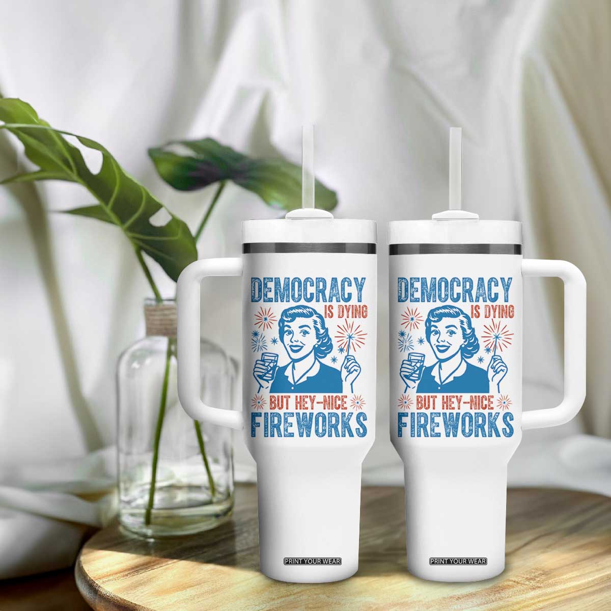 Democracy Is Dying But Hey Nice Fireworks Tumbler With Handle Funny Retro 4th of July Political Humor TS02 Print Your Wear