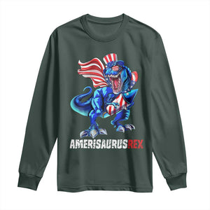 Dinosaur 4th of July Long Sleeve Shirt Funny Boys Kids Patriotic TS10 Dark Forest Green Print Your Wear