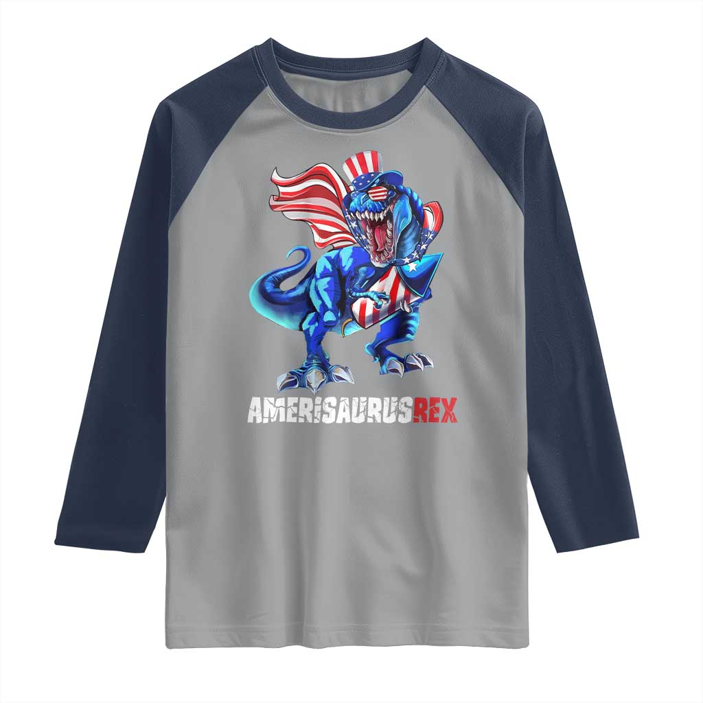 Dinosaur 4th of July Raglan Shirt Funny Boys Kids Patriotic TS10 Sport Gray Navy Print Your Wear