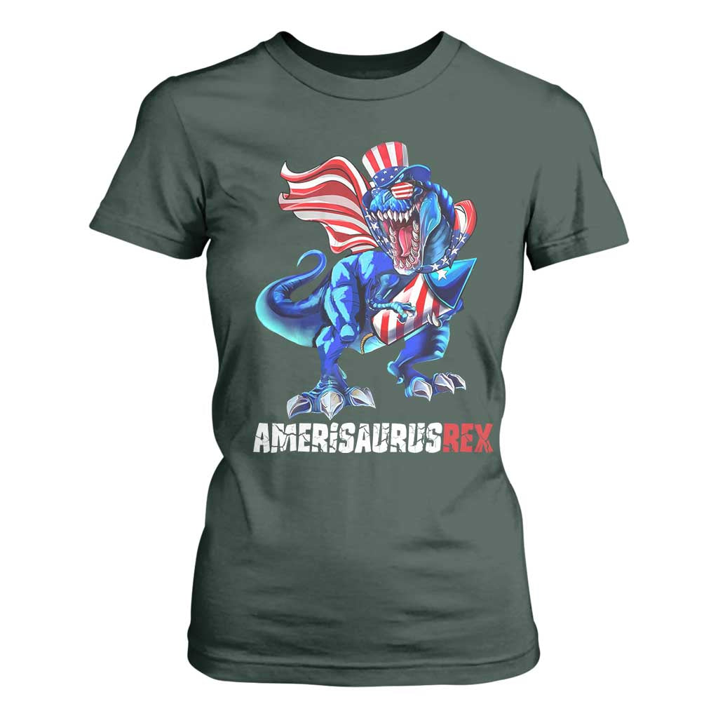 Dinosaur 4th of July T Shirt For Women Funny Boys Kids Patriotic TS10 Dark Forest Green Print Your Wear