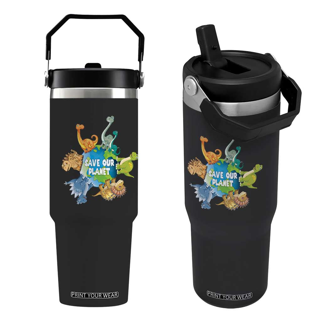 Earth Day Save Our Planet Flip Straw Tumbler Cute Dinosaurs Around World TS11 One Size: 30 oz Black Print Your Wear