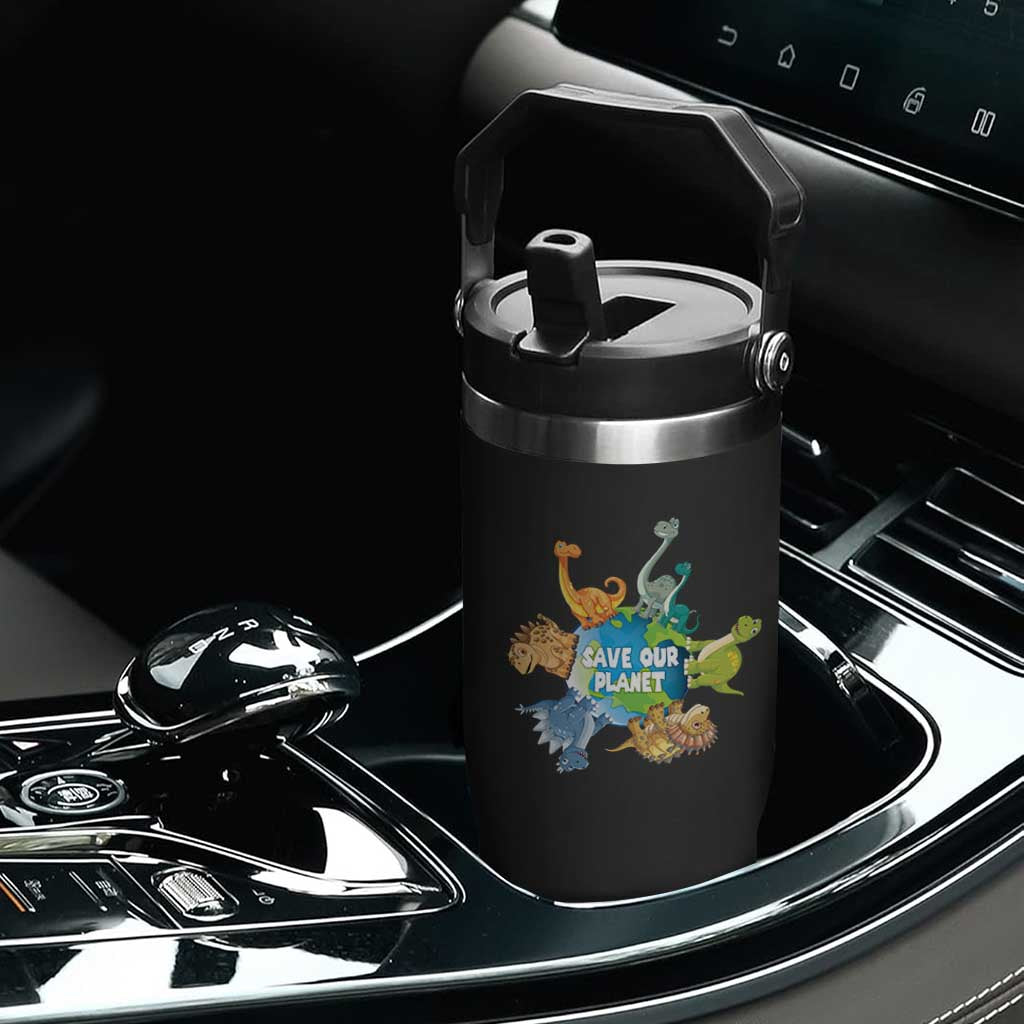 Earth Day Save Our Planet Flip Straw Tumbler Cute Dinosaurs Around World TS11 Print Your Wear