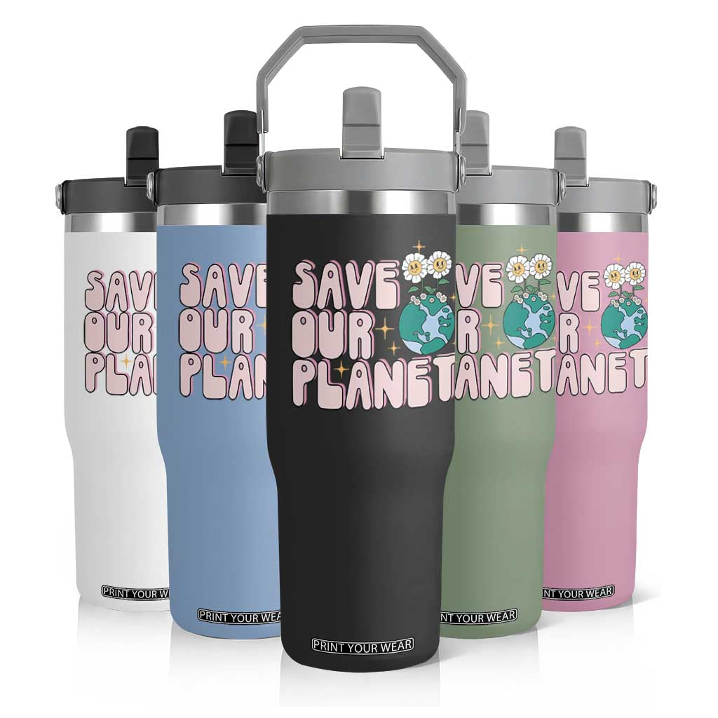 Earth Day Save Our Planet Flip Straw Tumbler Cute Retro Groove Flower TS11 Print Your Wear