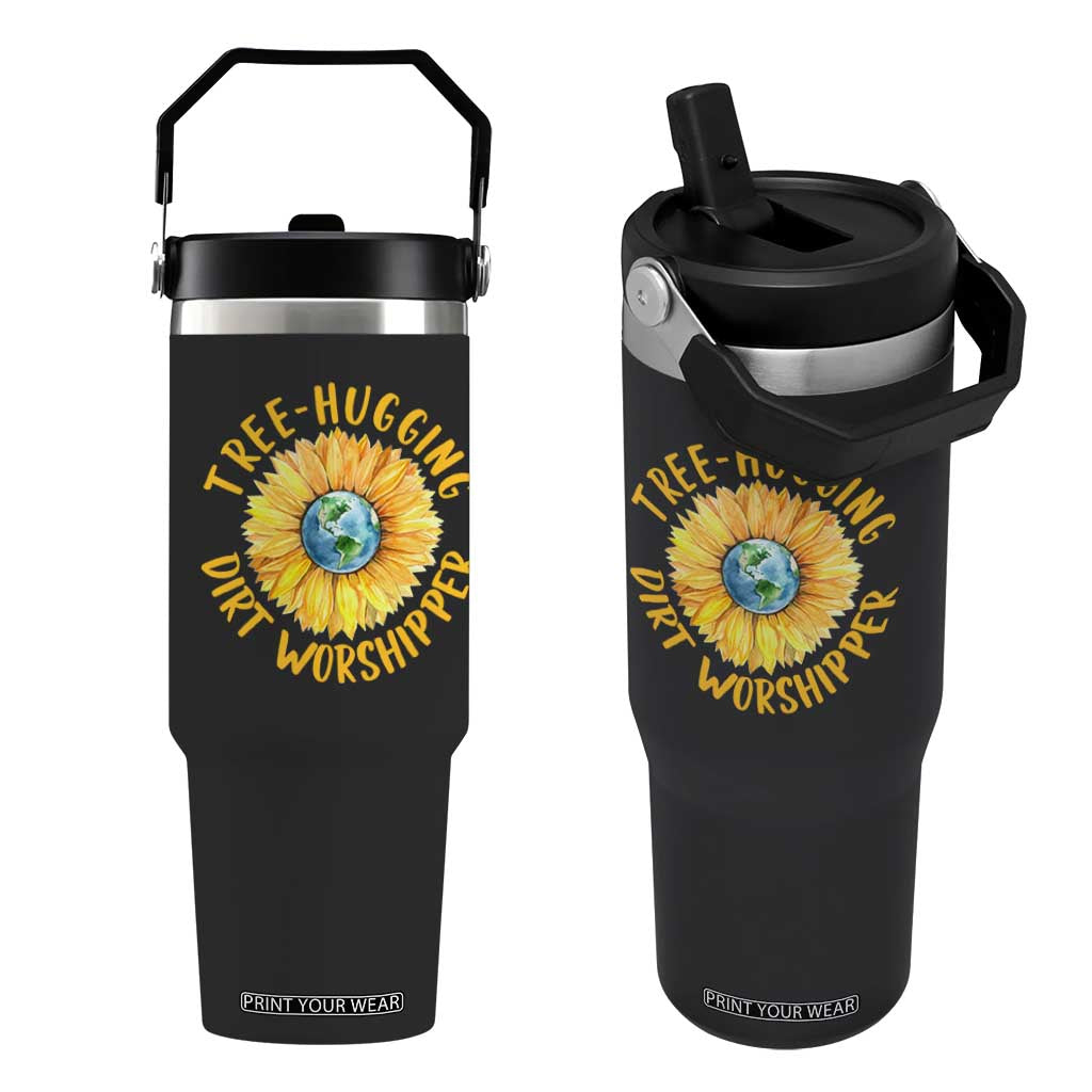 Earth Day Tree Hugging Dirt Worshipper Flip Straw Tumbler Earth Sunflower TS11 One Size: 30 oz Black Print Your Wear