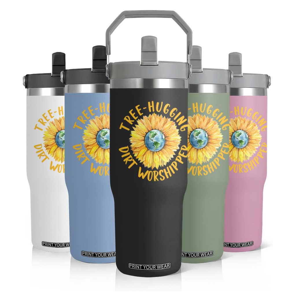 Earth Day Tree Hugging Dirt Worshipper Flip Straw Tumbler Earth Sunflower TS11 Print Your Wear
