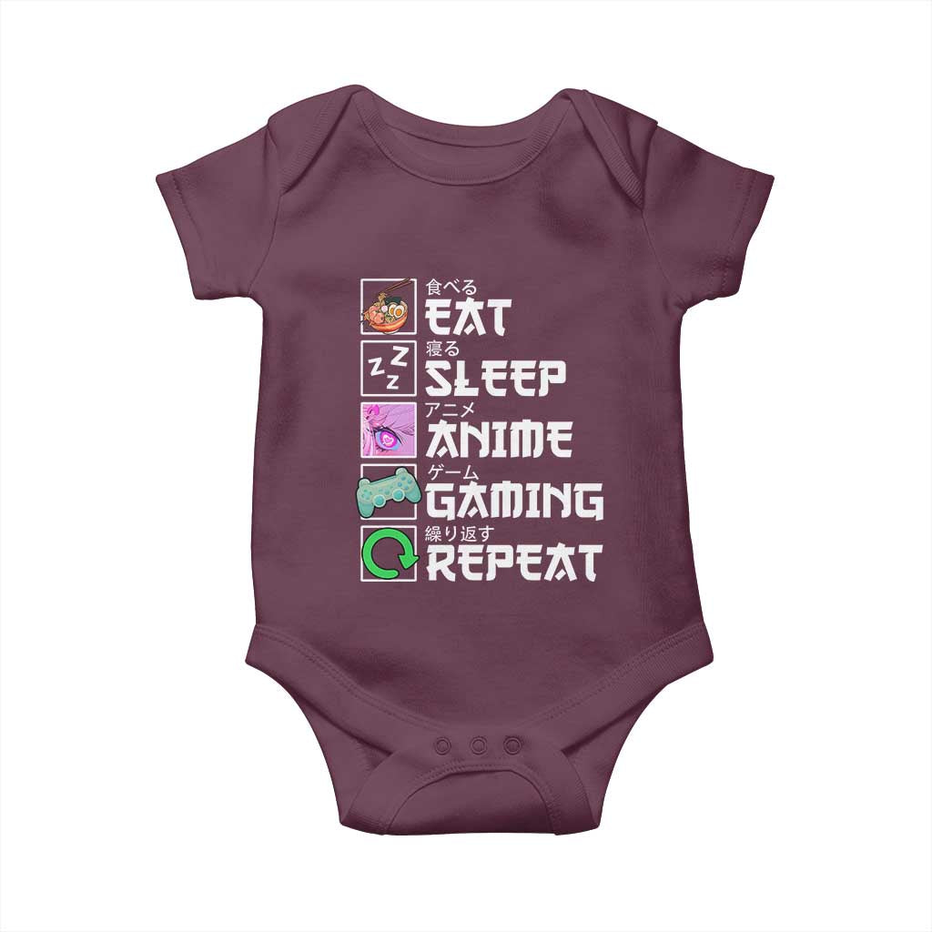 Eat Sleep Anime Gaming Repeat Baby Onesie Kawaii Otaku Anime Manga TS11 Maroon Print Your Wear