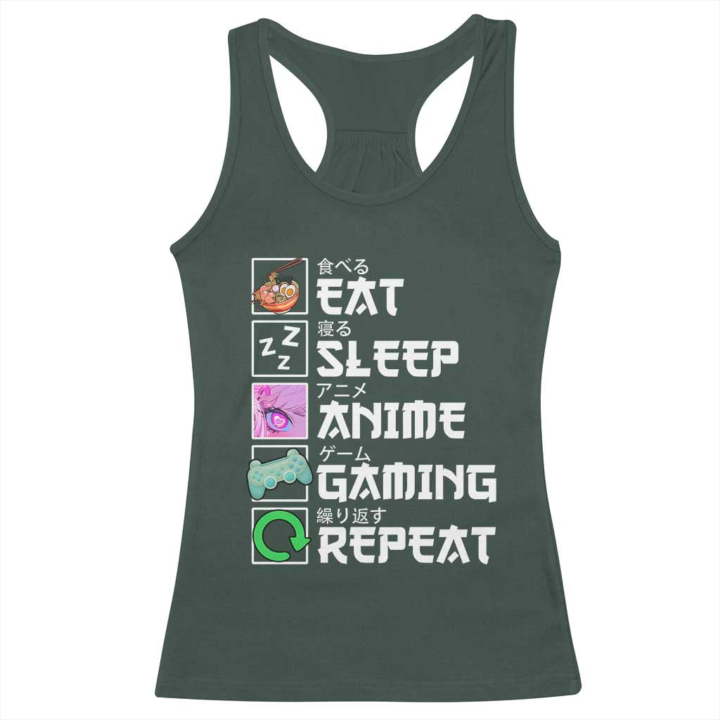 Eat Sleep Anime Gaming Repeat Racerback Tank Top Kawaii Otaku Anime Manga TS11 Dark Forest Green Print Your Wear