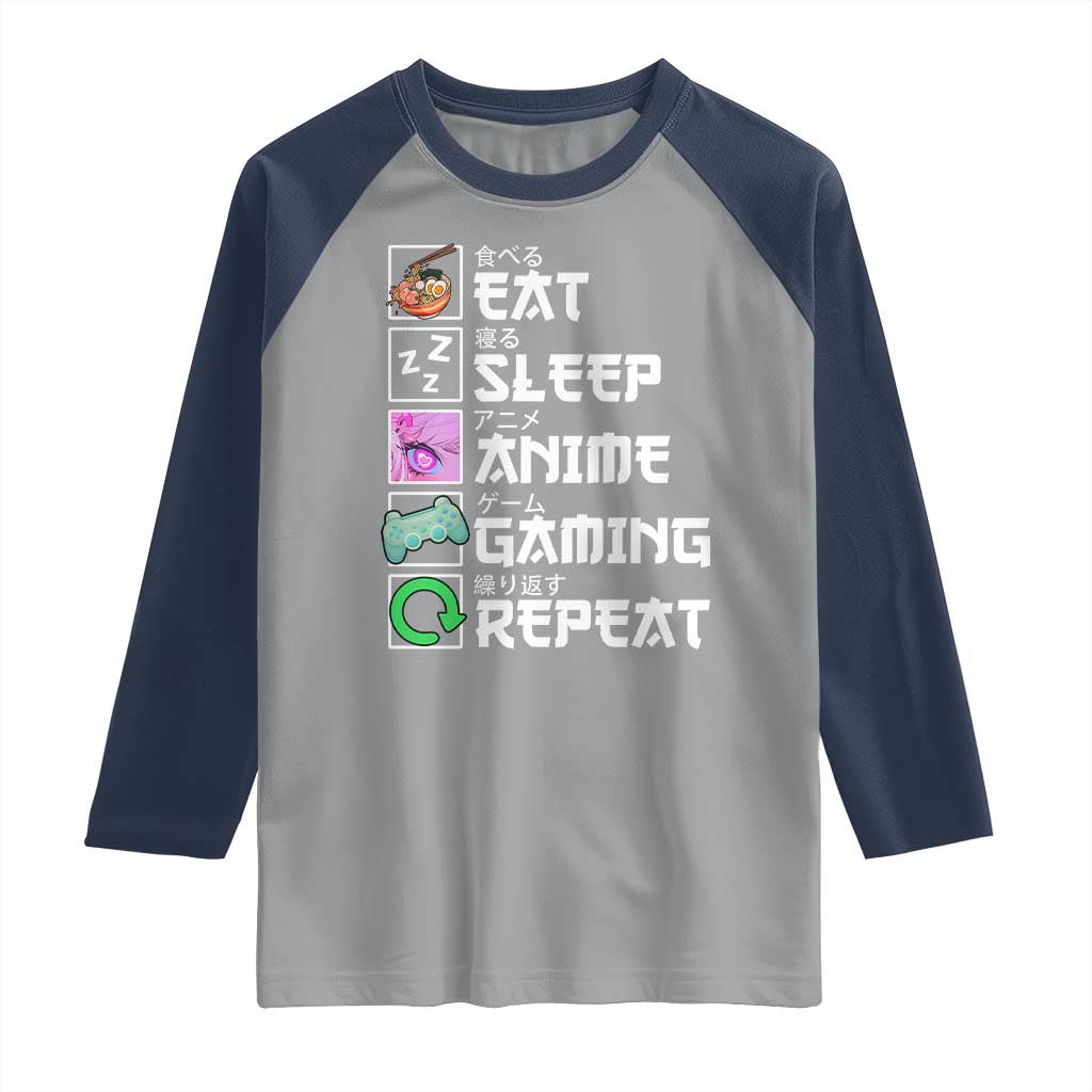Eat Sleep Anime Gaming Repeat Raglan Shirt Kawaii Otaku Anime Manga TS11 Sport Gray Navy Print Your Wear