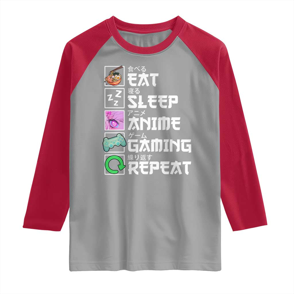 Eat Sleep Anime Gaming Repeat Raglan Shirt Kawaii Otaku Anime Manga TS11 Sport Gray Red Print Your Wear