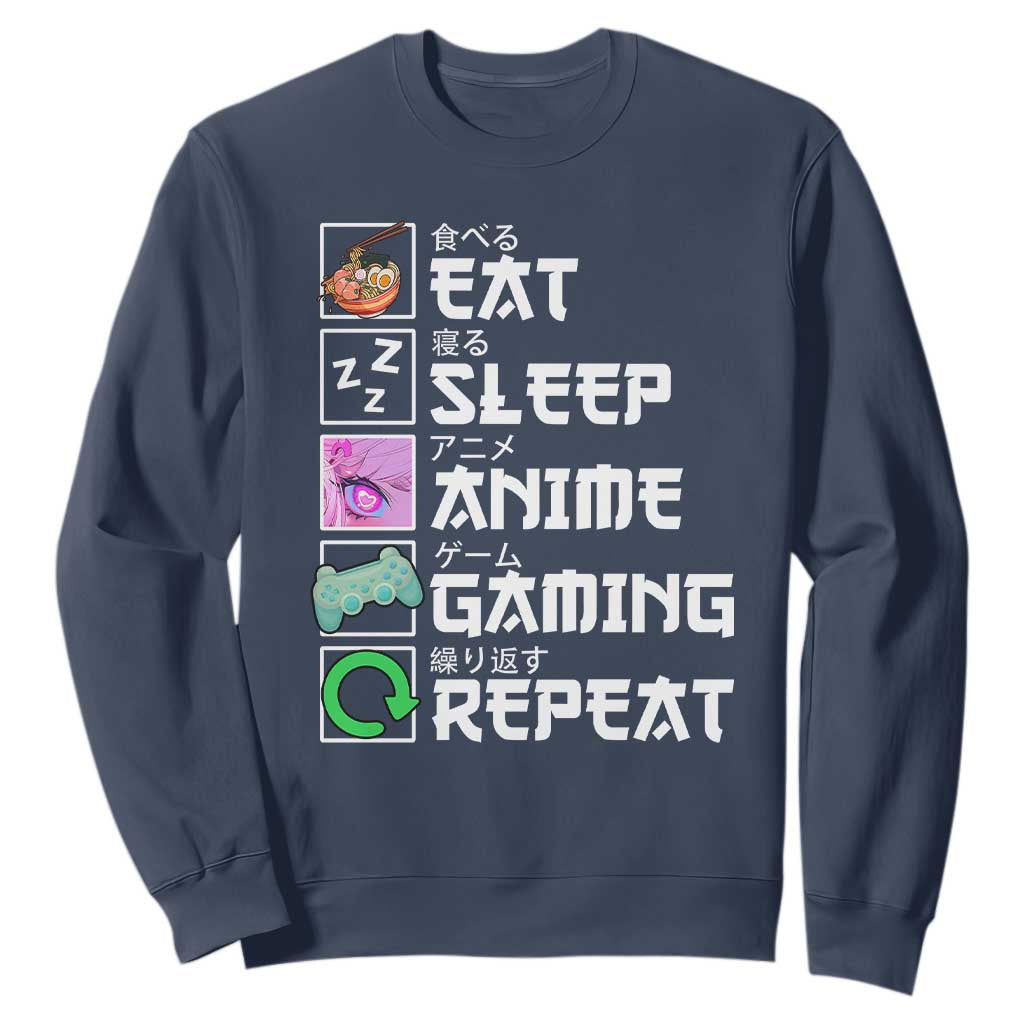 Eat Sleep Anime Gaming Repeat Sweatshirt Kawaii Otaku Anime Manga TS11 Navy Print Your Wear