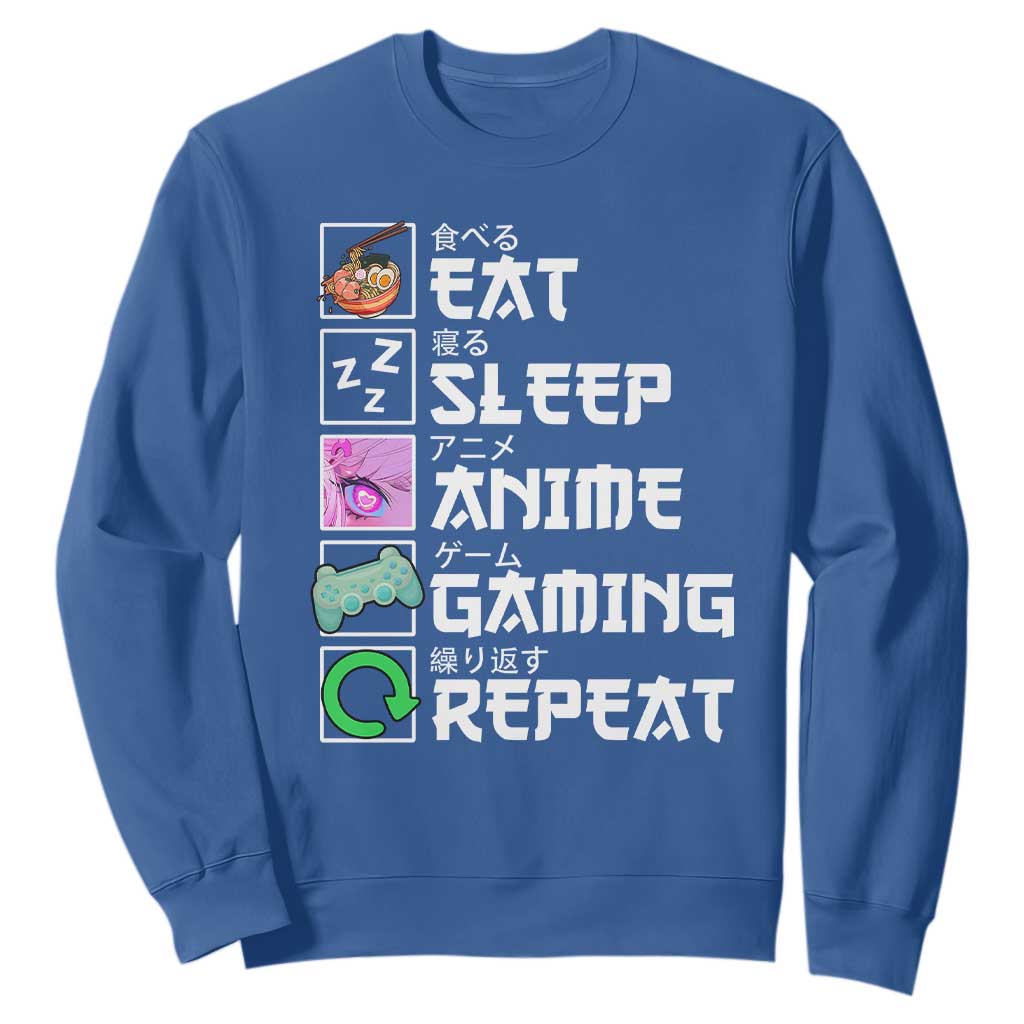 Eat Sleep Anime Gaming Repeat Sweatshirt Kawaii Otaku Anime Manga TS11 Royal Blue Print Your Wear