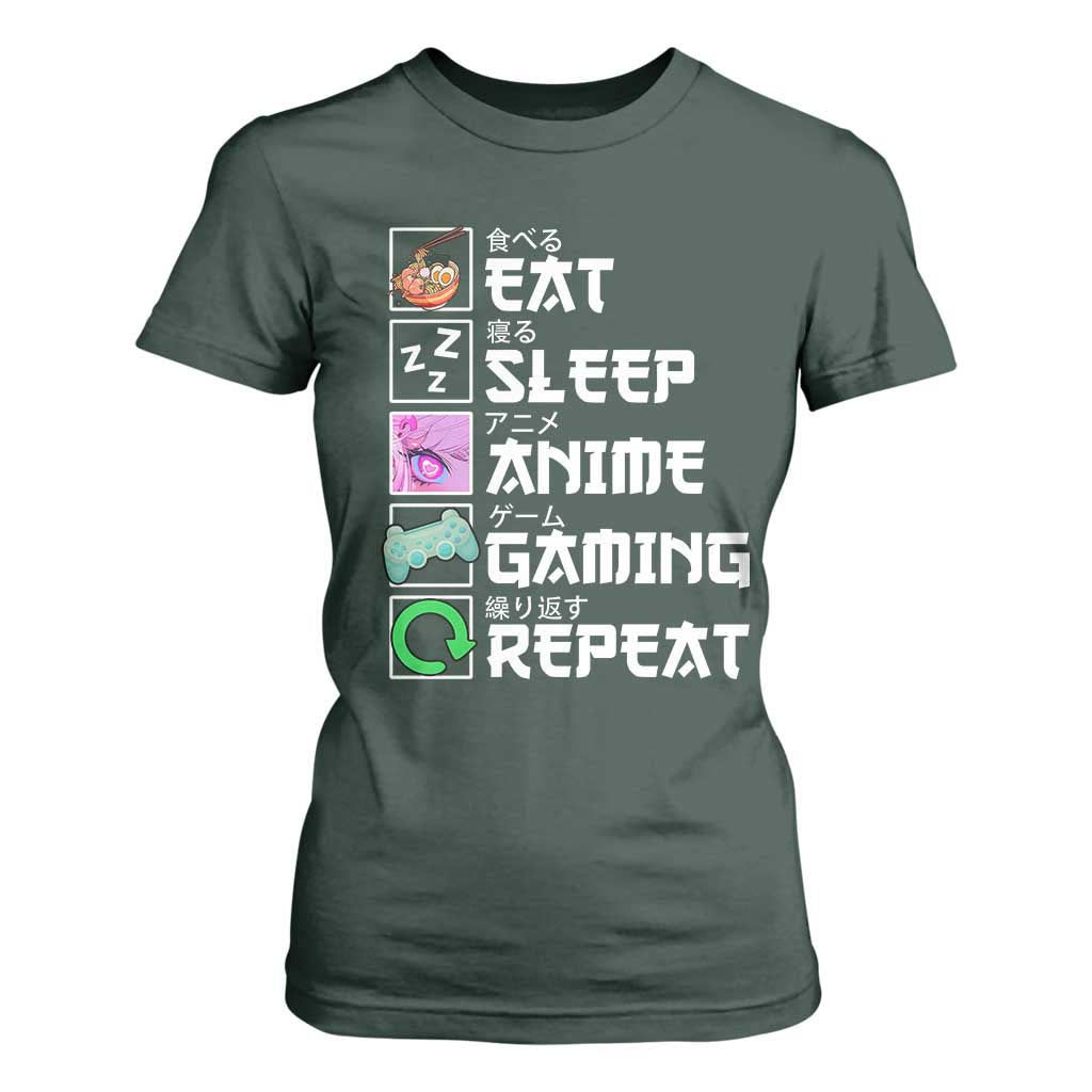 Eat Sleep Anime Gaming Repeat T Shirt For Women Kawaii Otaku Anime Manga TS11 Dark Forest Green Print Your Wear