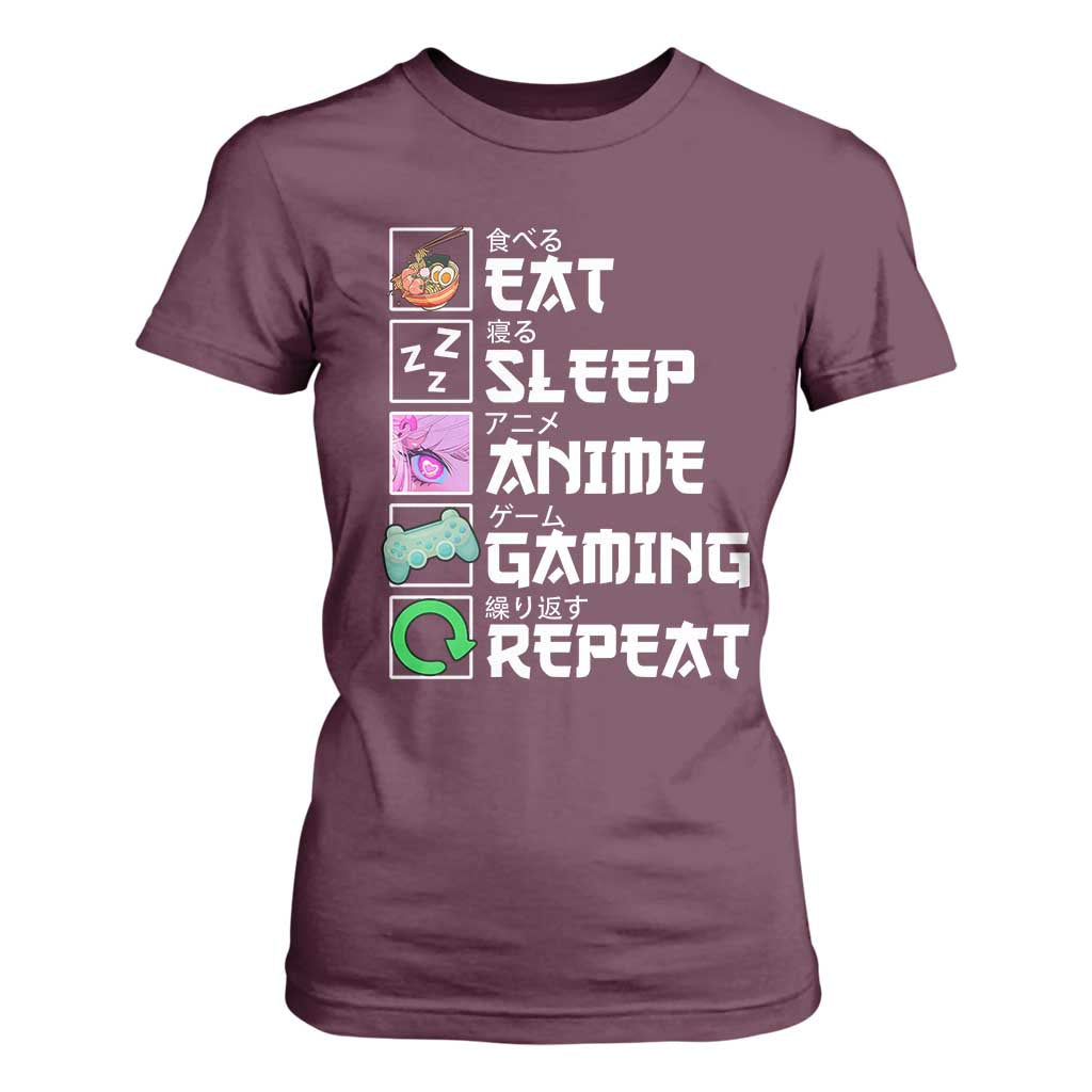 Eat Sleep Anime Gaming Repeat T Shirt For Women Kawaii Otaku Anime Manga TS11 Maroon Print Your Wear