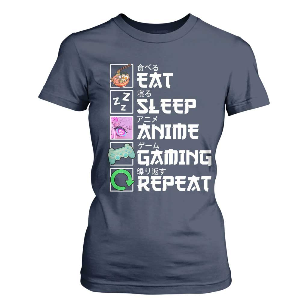 Eat Sleep Anime Gaming Repeat T Shirt For Women Kawaii Otaku Anime Manga TS11 Navy Print Your Wear