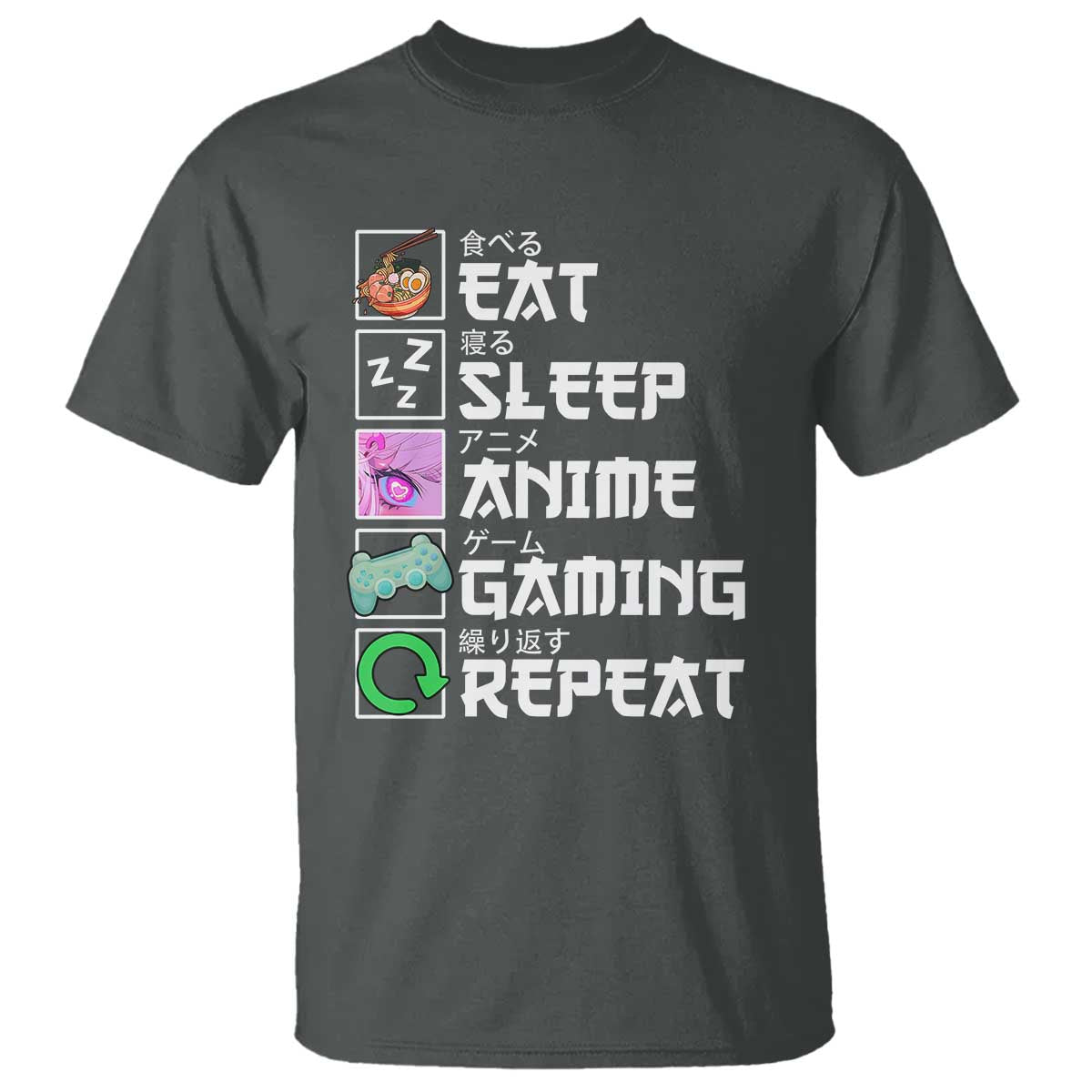 Eat Sleep Anime Gaming Repeat T Shirt Kawaii Otaku Anime Manga TS11 Dark Heather Print Your Wear
