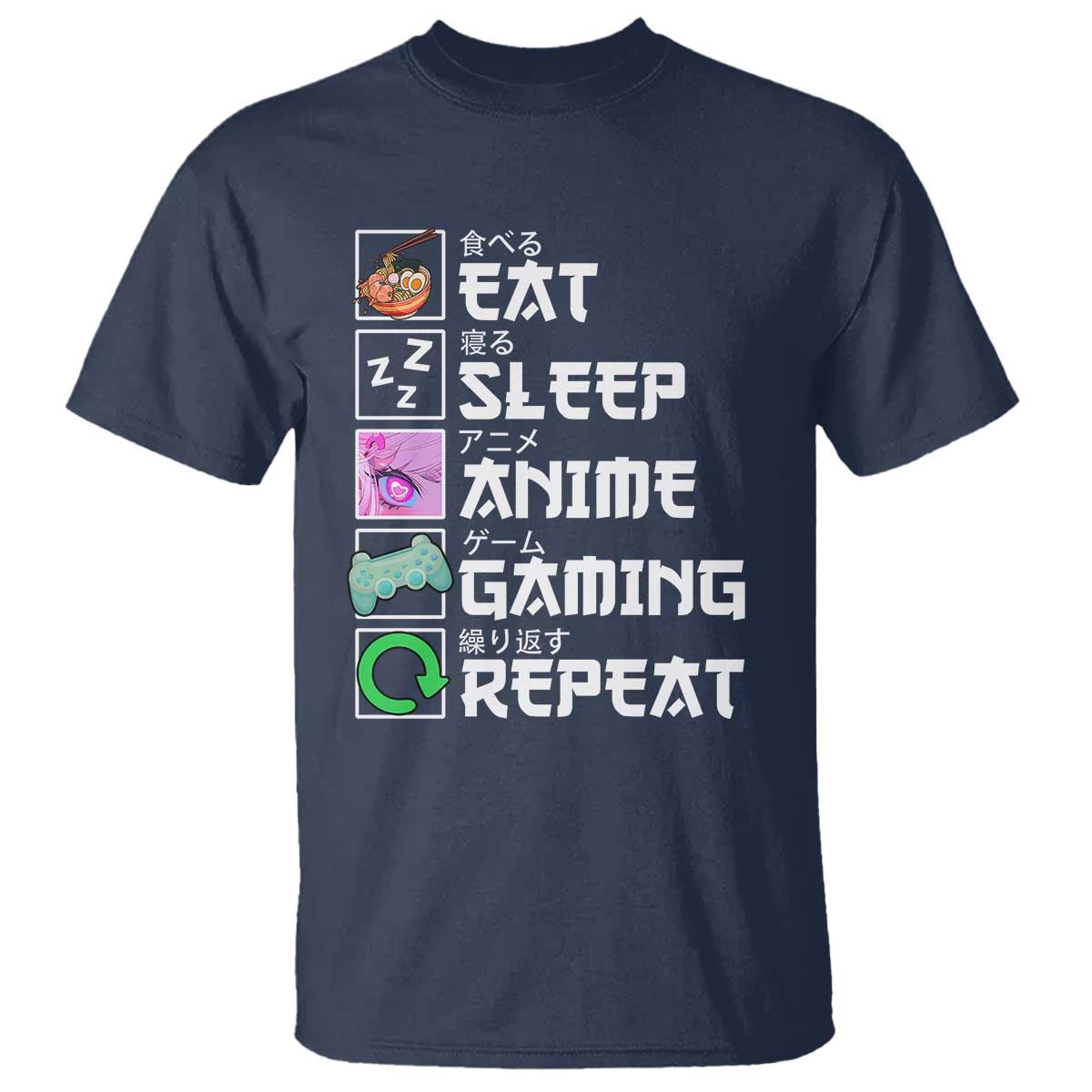 Eat Sleep Anime Gaming Repeat T Shirt Kawaii Otaku Anime Manga TS11 Navy Print Your Wear