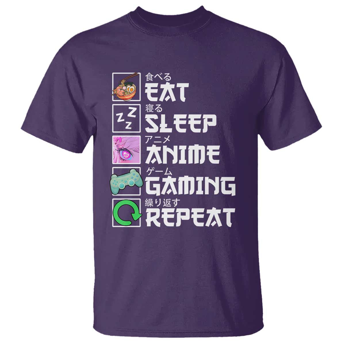 Eat Sleep Anime Gaming Repeat T Shirt Kawaii Otaku Anime Manga TS11 Purple Print Your Wear