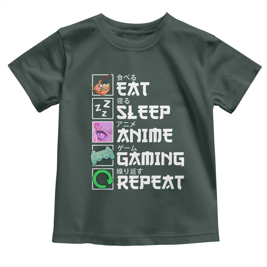 Eat Sleep Anime Gaming Repeat Toddler T Shirt Kawaii Otaku Anime Manga TS11 Dark Forest Green Print Your Wear