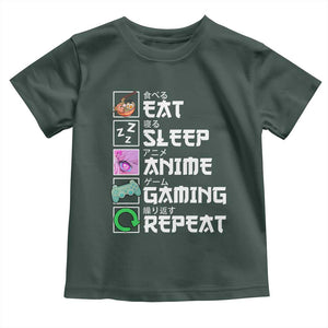 Eat Sleep Anime Gaming Repeat Toddler T Shirt Kawaii Otaku Anime Manga TS11 Dark Forest Green Print Your Wear