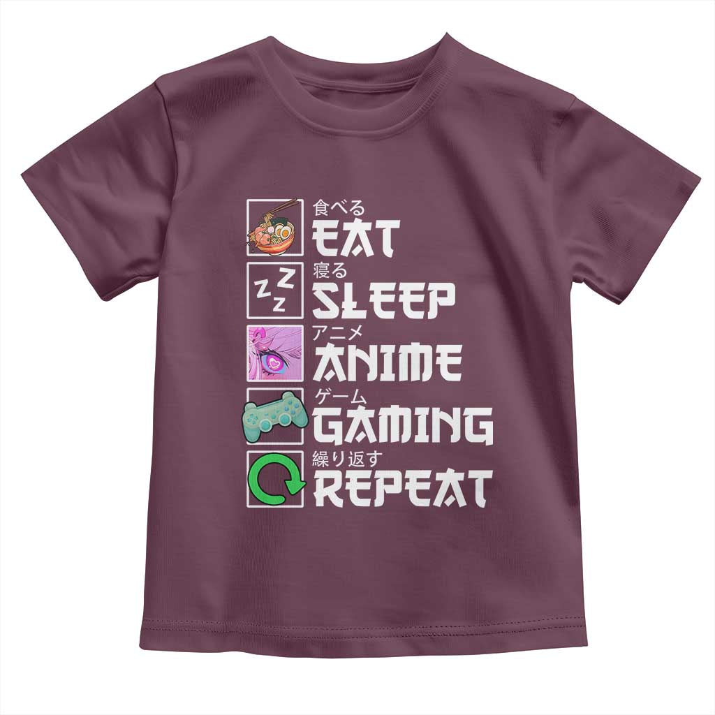Eat Sleep Anime Gaming Repeat Toddler T Shirt Kawaii Otaku Anime Manga TS11 Maroon Print Your Wear