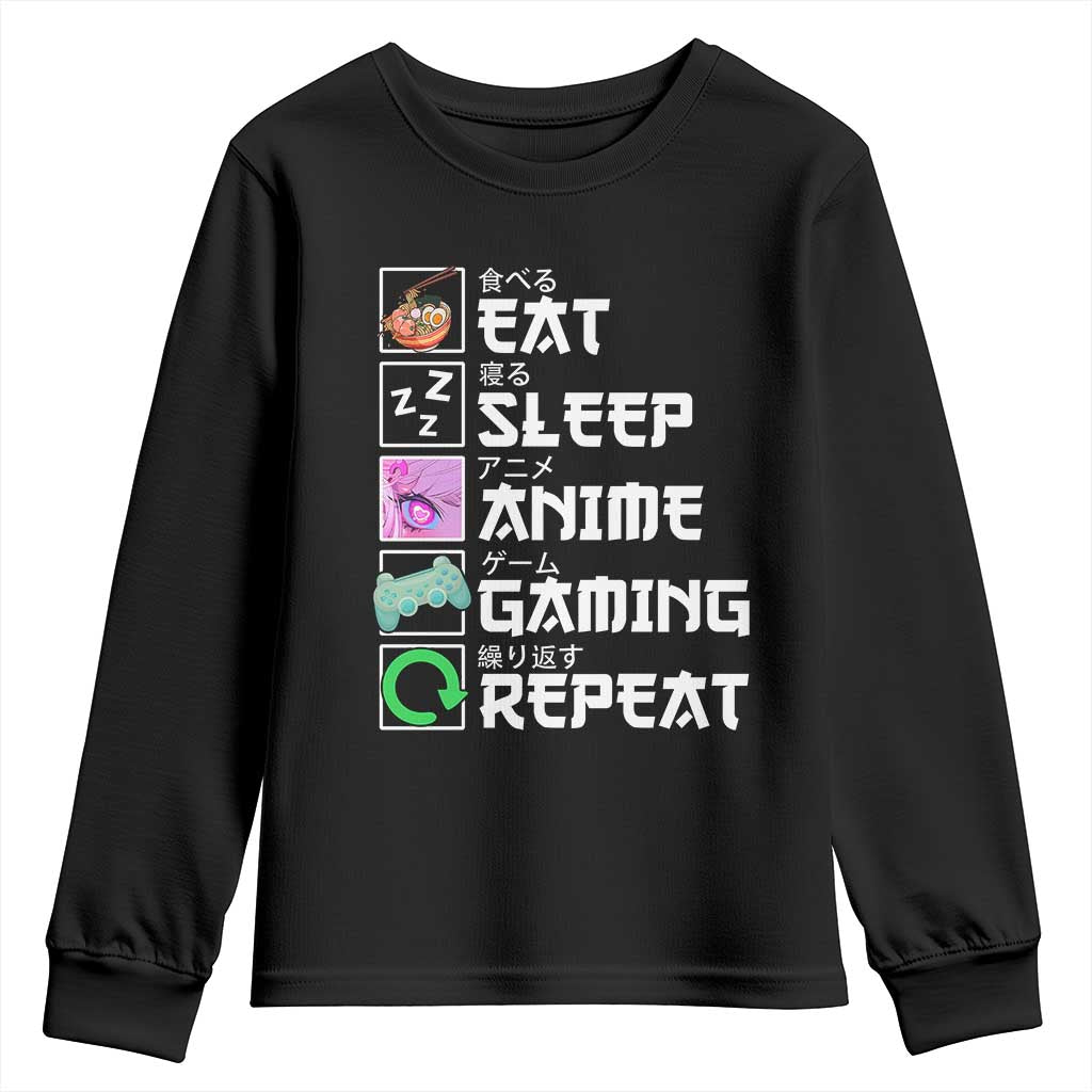 Eat Sleep Anime Gaming Repeat Youth Sweatshirt Kawaii Otaku Anime Manga TS11 Black Print Your Wear