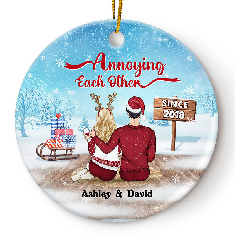 Personalized JP Christmas Ornaments Family Couple Annoying Each Other Since Circle Ceramic CTM Ornament Custom - Printyourwear