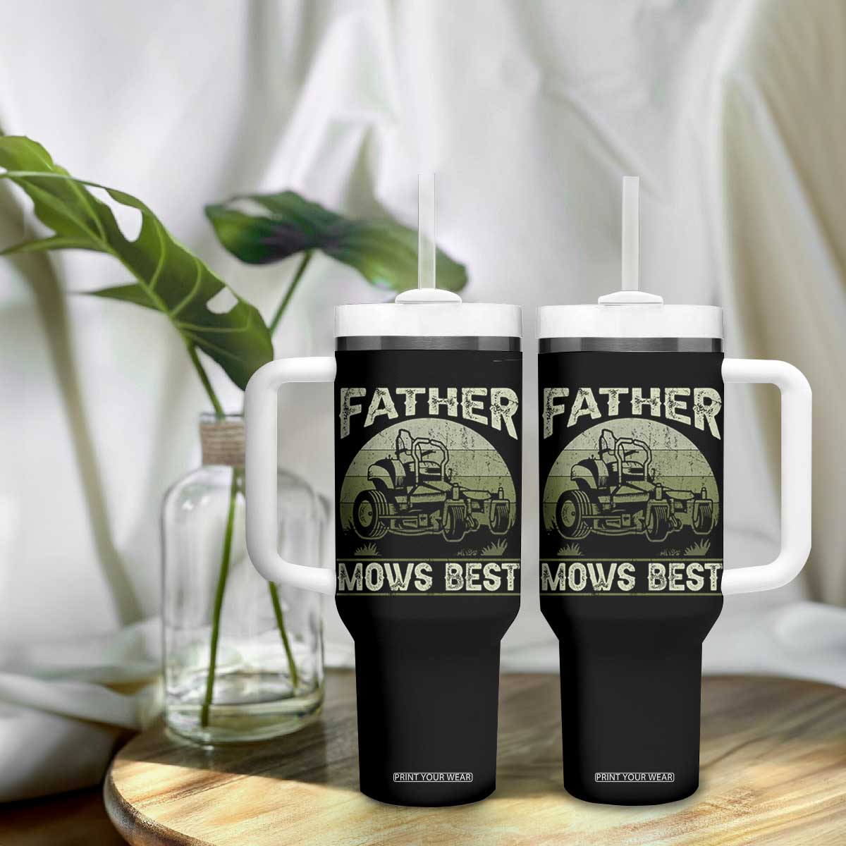 Father Mows Best Tumbler With Handle Lawn Mower Mowing Dad Retro Father's Day Gift TS10 Print Your Wear