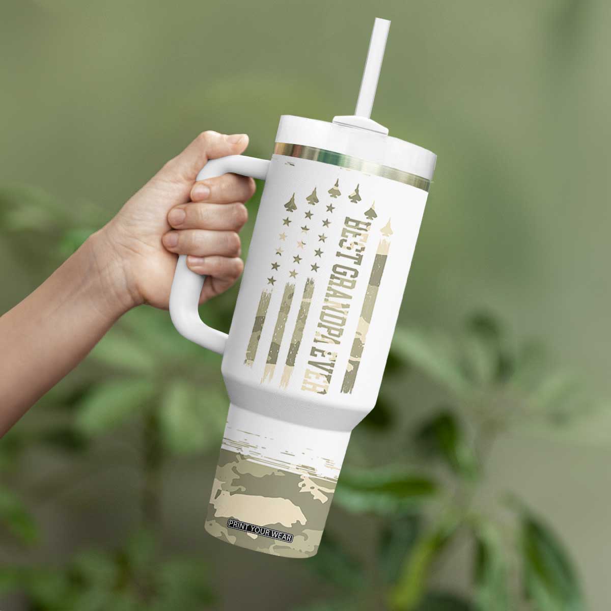 Fathers Day Grandpa Tumbler With Handle Best Grandpa Ever Grandfather Camo American Flag USA TB10 Print Your Wear