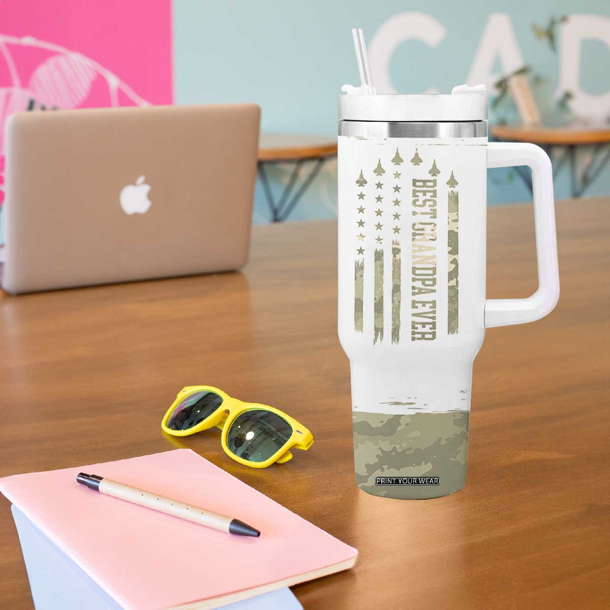 Fathers Day Grandpa Tumbler With Handle Best Grandpa Ever Grandfather Camo American Flag USA TB10 Print Your Wear