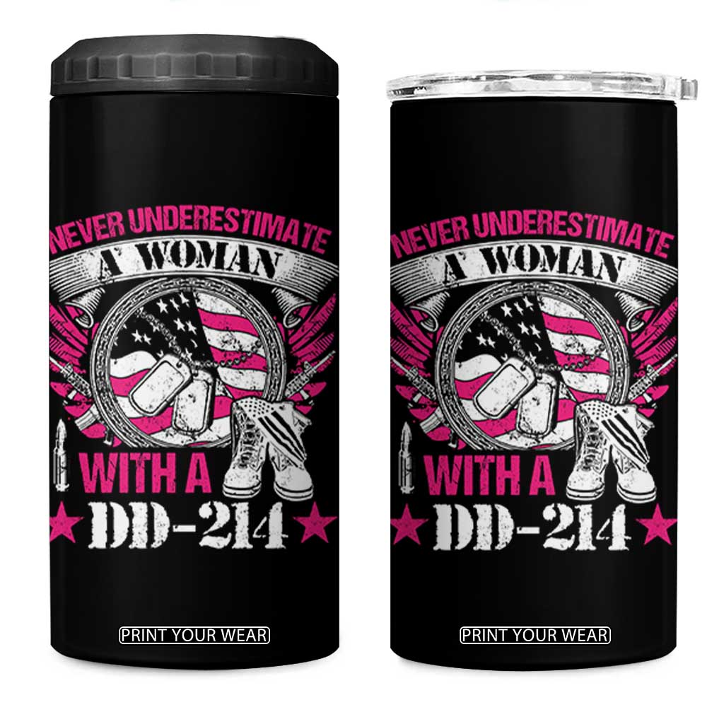 Female Veteran 4 in 1 Can Cooler Tumbler Never Underestimate A Woman With DD214 US Military TS02 One Size: 16 oz Black Print Your Wear