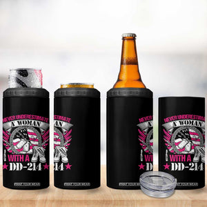 Female Veteran 4 in 1 Can Cooler Tumbler Never Underestimate A Woman With DD214 US Military TS02 Print Your Wear