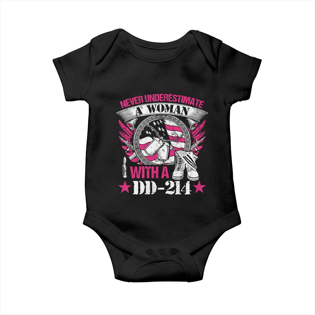 Female Veteran Baby Onesie Never Underestimate A Woman With DD214 US Military TS02 Black Print Your Wear