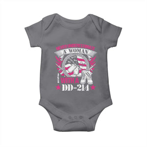 Female Veteran Baby Onesie Never Underestimate A Woman With DD214 US Military TS02 Charcoal Print Your Wear