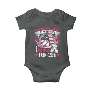 Female Veteran Baby Onesie Never Underestimate A Woman With DD214 US Military TS02 Dark Heather Print Your Wear