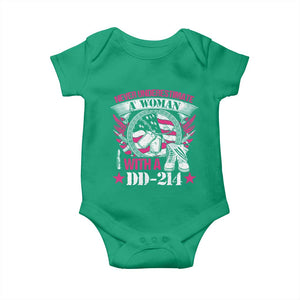 Female Veteran Baby Onesie Never Underestimate A Woman With DD214 US Military TS02 Irish Green Print Your Wear