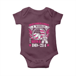 Female Veteran Baby Onesie Never Underestimate A Woman With DD214 US Military TS02 Maroon Print Your Wear