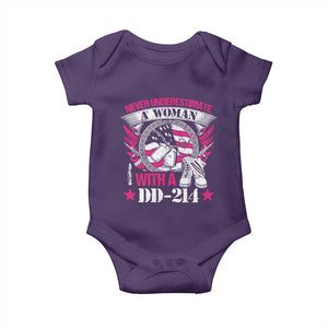 Female Veteran Baby Onesie Never Underestimate A Woman With DD214 US Military TS02 Purple Print Your Wear